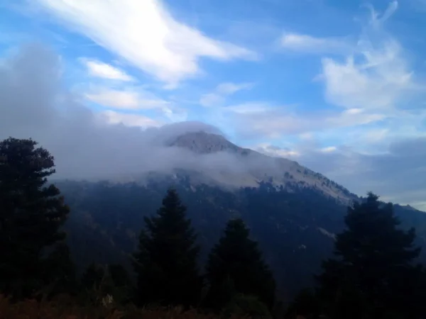 Majestic clouds hover over the rugged peaks of Xerovouni, framed by tall coniferous trees under a vibrant blue sky.