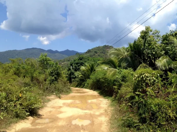 Dusty pathway surrounded by lush greenery and mountains under a bright blue sky near Ba Ho Waterfalls.
