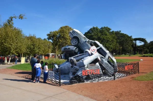 netflix movie prop of snowed cars heaped on each other in exhibition in palermo, buenos aires