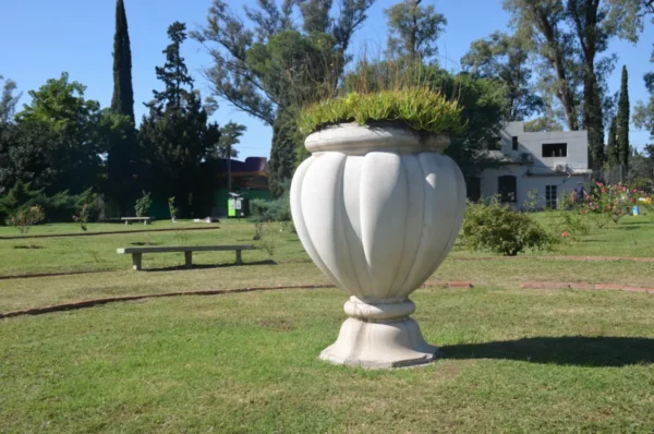 Large decorative planter filled with lush greenery, surrounded by a manicured garden in Córdoba, Argentina. Bright blue sky above.