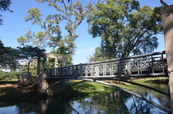 A modern bridge spans a tranquil river surrounded by lush greenery in Córdoba, Argentina, highlighting the city's natural beauty.