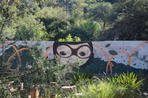 Colorful mural featuring a large owl with glasses amidst lush greenery in Córdoba, Argentina, reflecting a vibrant urban art scene.