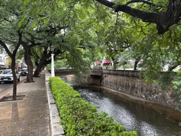 Lush green trees line the peaceful banks of a river in Córdoba, Argentina, with a serene walking path beside the water.