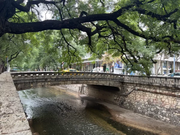 Lush green trees arch over a stone bridge, reflecting in the shallow waters of a quiet river in Córdoba, Argentina.