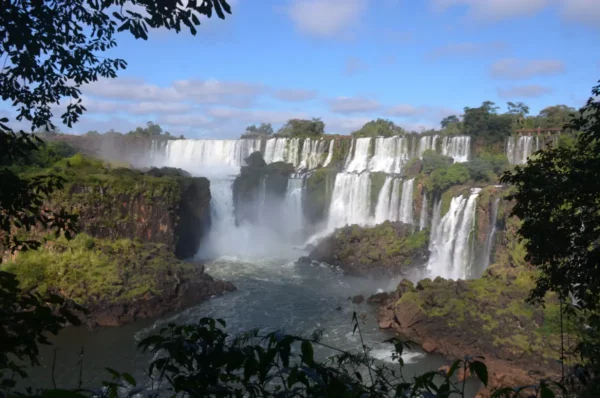 A wide vista of iguazu falls from the lower trail on the argentinian side