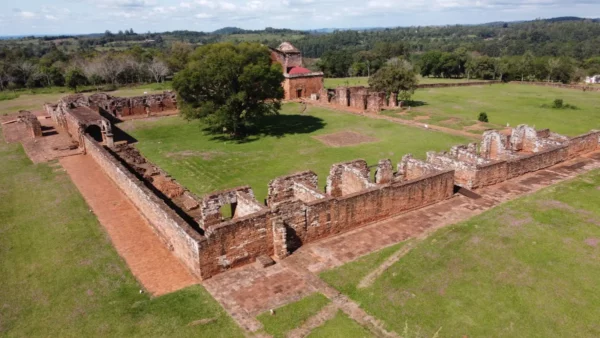 drone photo of la santisima trinidad de parana jesuit ruins in paraguay