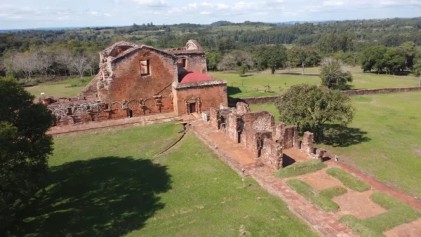 aerial view of la santisima trinidad de parana jesuit mission ruins in south paraguay