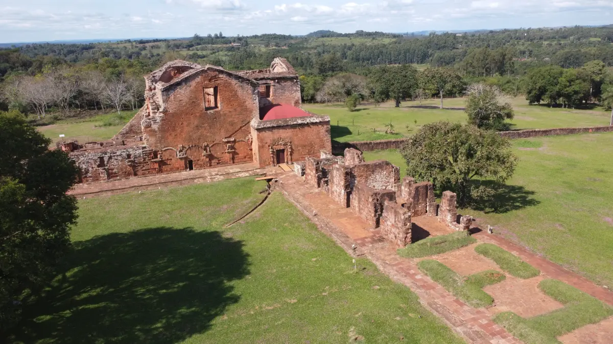 aerial view of la santisima trinidad de parana jesuit mission ruins in south paraguay