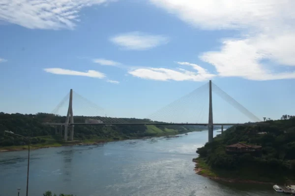 puente de la integracion Bridge connecting Brazil and Paraguay viewed from Hito Tres Fronteras viewpoint in puerto iguazu,  Argentina
