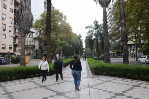 Tree-lined walkway with palm trees and stone paving in Rosario, Santa Fe, Argentina, bustling with pedestrians and greenery.