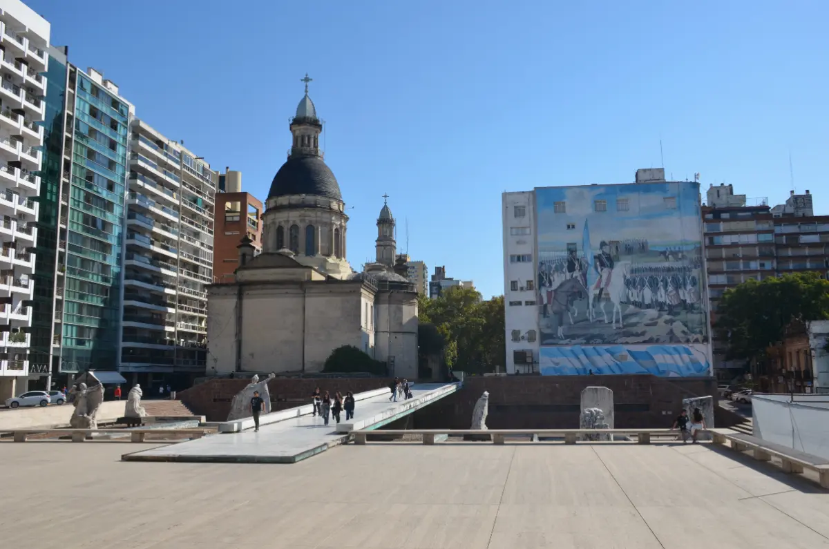 Cathedral Basilica Our Lady of Rosario and mural at the central square of Rosario, argentina