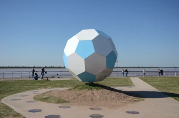 Truncated icosahedron representing a football in the argentine colors at the Costanera of rosario