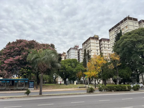 Renowned for its vibrant trees and modern architecture, Rosario features lush greenery alongside urban buildings in Santa Fe, Argentina.