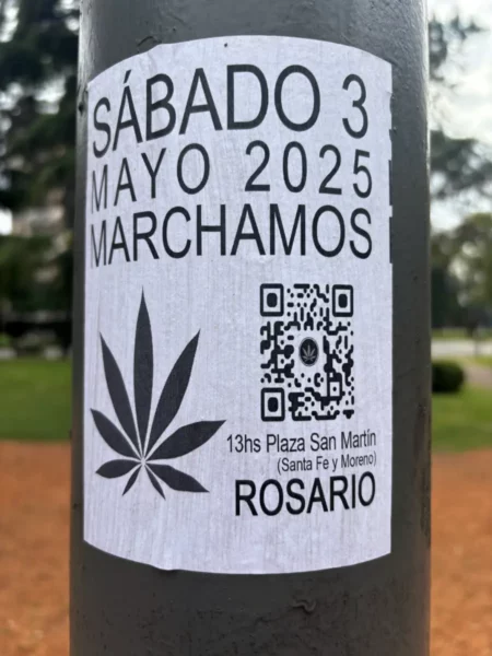 March 2025 announcement on a post in Rosario, Santa Fe, featuring a cannabis leaf graphic and QR code details.