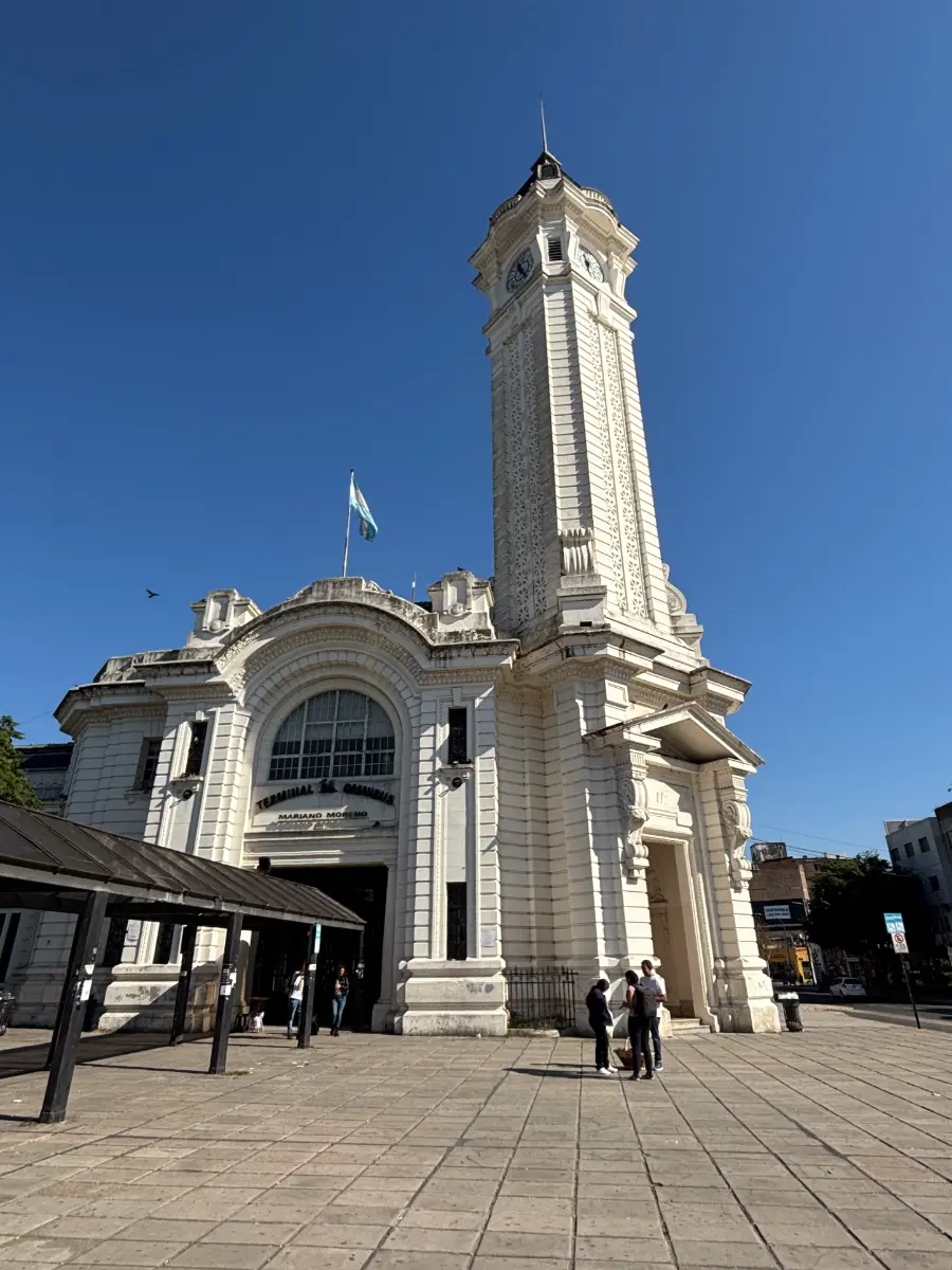 elegant white building with a tower of the bus terminal of rosario city in argentina