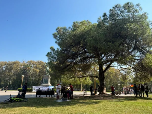 Visitors gather under a large tree near a historic statue in Rosario, Santa Fe, Argentina on a sunny day.