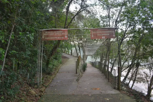 Lush greenery lines the pathway leading to the stunning Saltos del Monday Falls in Paraguay, inviting exploration.