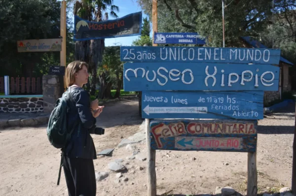 sign to the hippie museum in the village of san marcos sierras in cordoba province, argentina