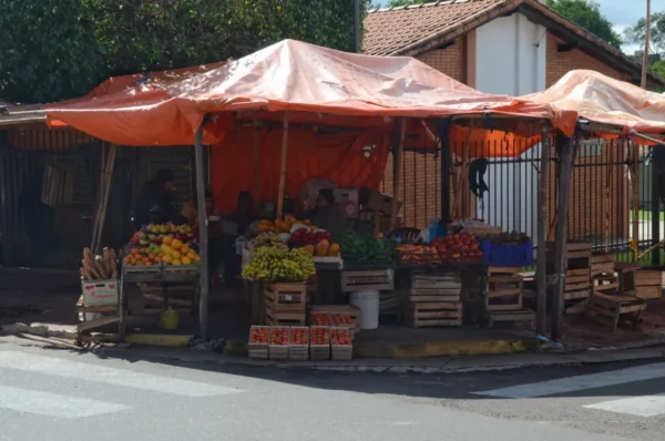 Vibrant fruit stall with colorful produce under an orange canopy at a market corner in Villarica, Paraguay.