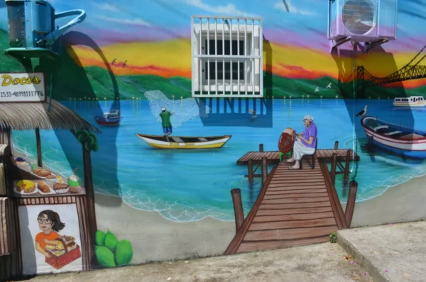 Mural retratando a vida local tradicional em Costa da Lagoa, Florianópolis, Brasil