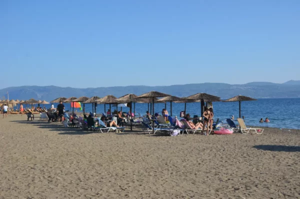 Sun loungers and thatched umbrellas line the sandy beach at Amarynthos, Euboea, Greece, with clear blue waters in the background.