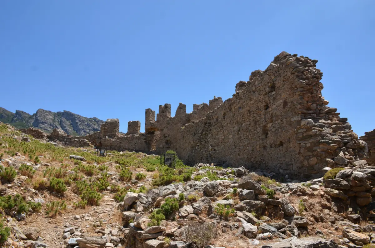 part of of the wall of castello rosso in karystos below mount ochi