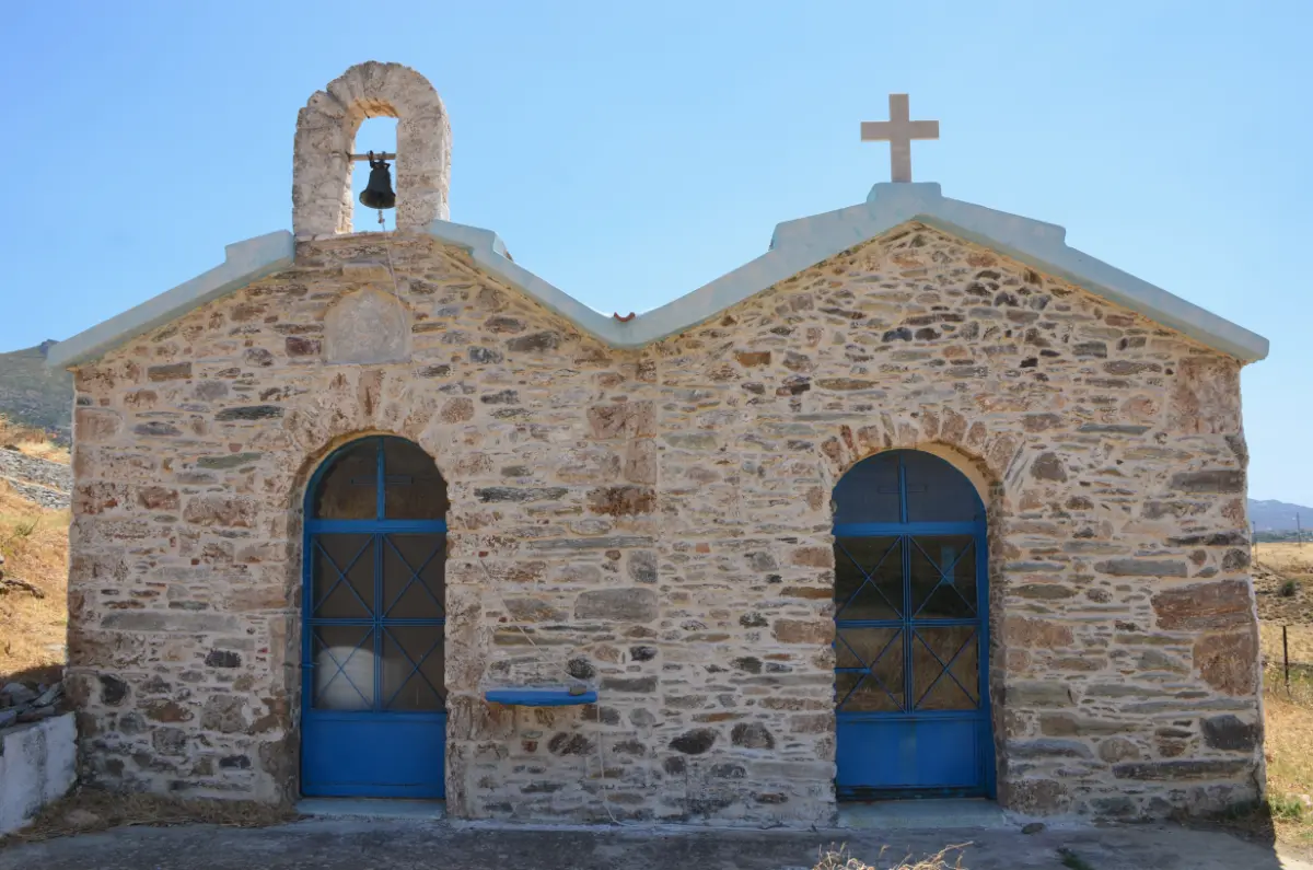 old twin stone churches near in chartzani village near karystos town on evia island