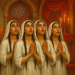 christian girls praying in reverie with eyes transfixed upward inside a candle-lit church