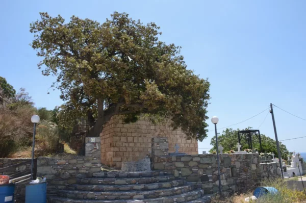 Entrance to the courtyard of the Medieval Church of Taxiarches in Kalyvia near Karystos
