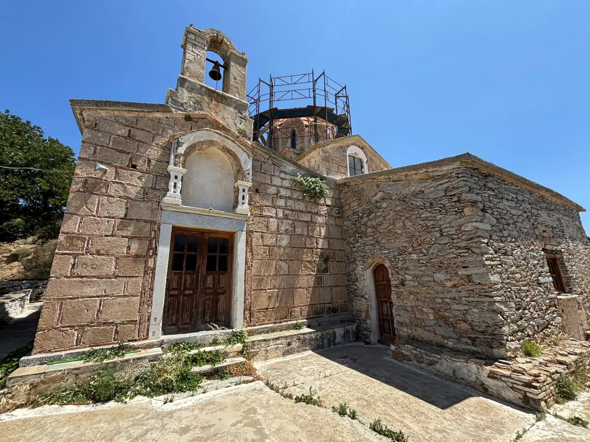 medieval church of taxiarches in the village of kalyvia near karystos town on evia island