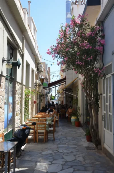 Cavo d' oro tavern in a shaded narrow street in karystos