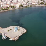 Aerial view of seafront of nea artaki on evia island