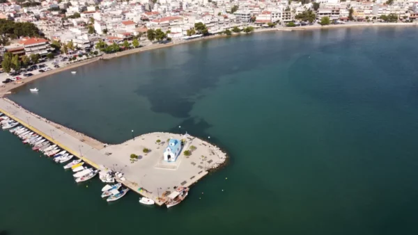 Aerial view of seafront of nea artaki on evia island