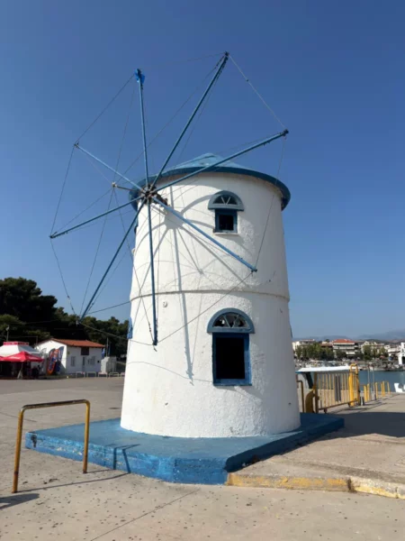 Blue-and-white windmill in nea artaki