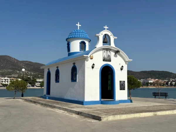 The Cycladic-style blue-and-white Church of Saint Nicolas in nea artaki, evia island