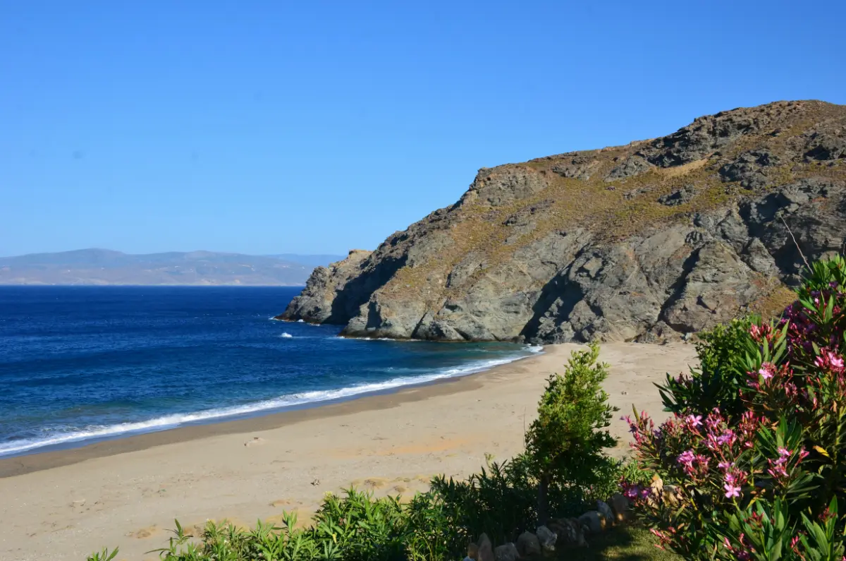 beautiful view of potami beach near karystos, evia island greece