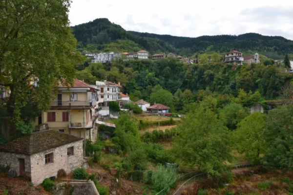 Agnanta village in Tzoumerka — stone houses scattered across green hills and forested slopes.