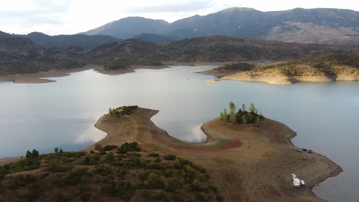 beautiful drone shot of artificial lake of aoos river near metsovo in northern greece