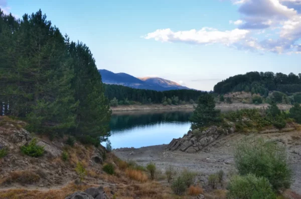 Tranquil Aoos Lake surrounded by lush pines and distant mountains, reflecting a clear sky in Ioannina, Greece.
