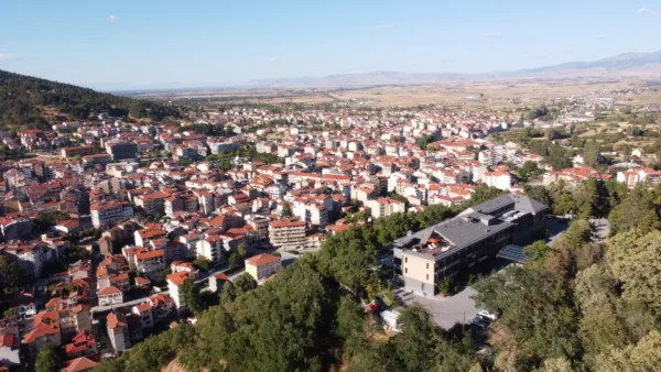 Aerial view of Florina, Greece, showcasing a landscape of red-roofed buildings and green hills under a clear blue sky.