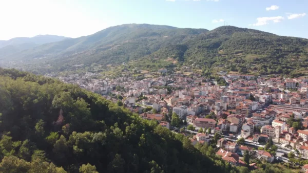 Lush green hills surround the picturesque landscape of Florina, Greece, dotted with charming houses against a clear blue sky.