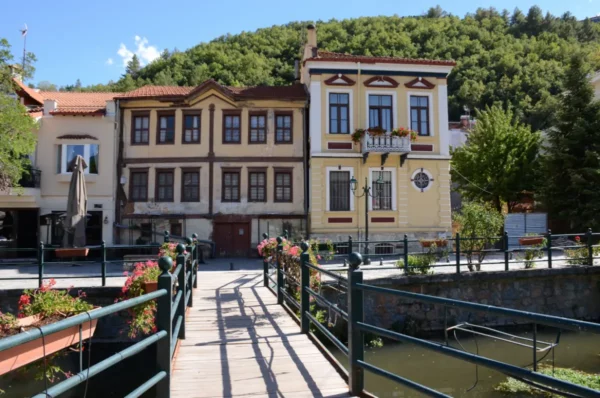 Pedestrian bridge over the Sakoulevas River in Florina, with neoclassical houses along the riverbank and a green hillside in the background.