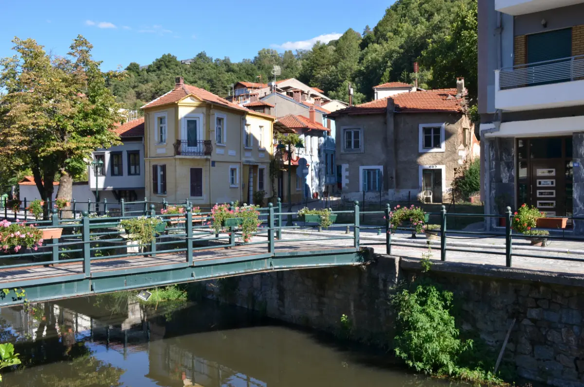 bridge and small houses on riverside of florina city in northern greece