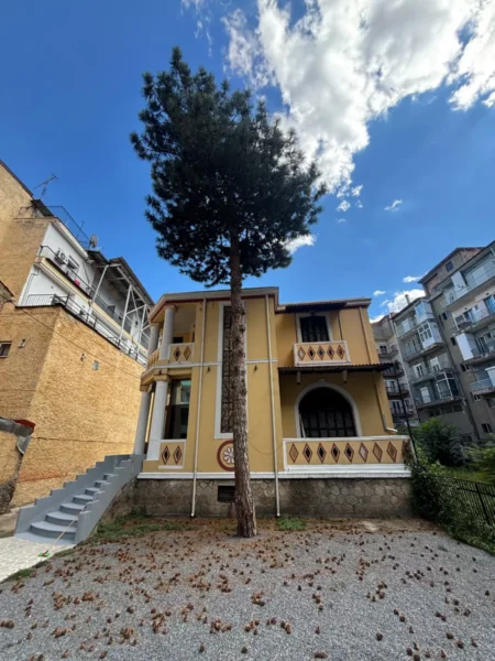 Yellow house with a decorative balcony and a tall pine tree, surrounded by fallen leaves in Florina, Greece.