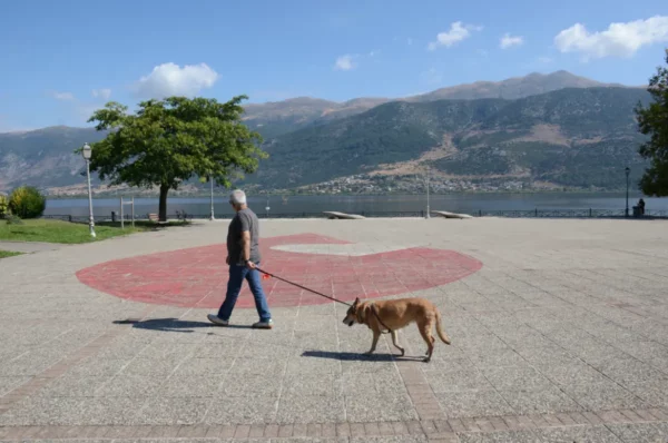 A person walks a dog on a promenade in Ioannina, Greece, with mountains and a lake in the background and a large red symbol on the ground.