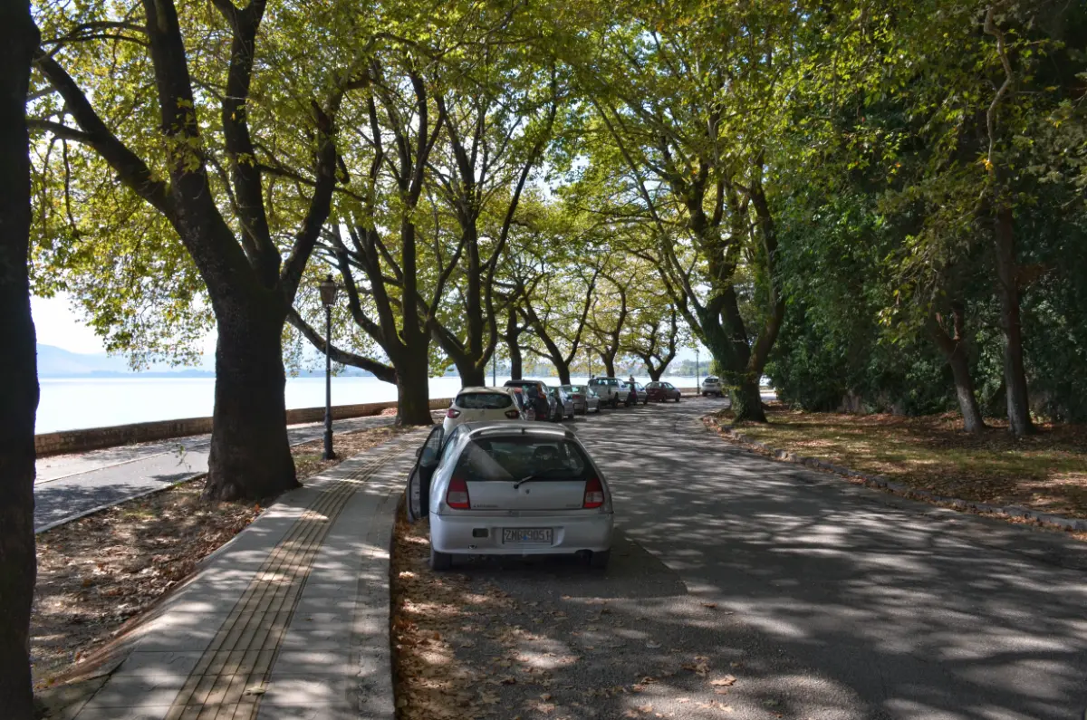 lakeside road in Ioannina shaded by plane trees, with cars parked along the waterfront and in front of castle walls