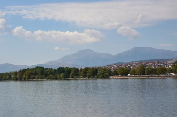 Serene lake view with mountains in the distance and lush greenery along the shoreline in Ioannina, Greece.