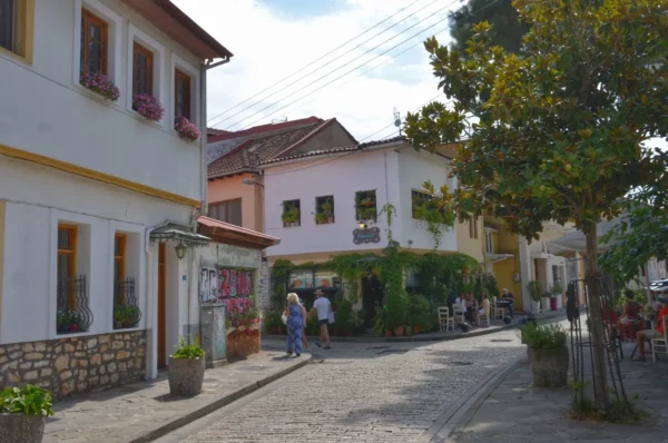 Charming cobblestone streets lined with traditional houses and greenery in Ioannina, Greece, creating a picturesque village atmosphere.