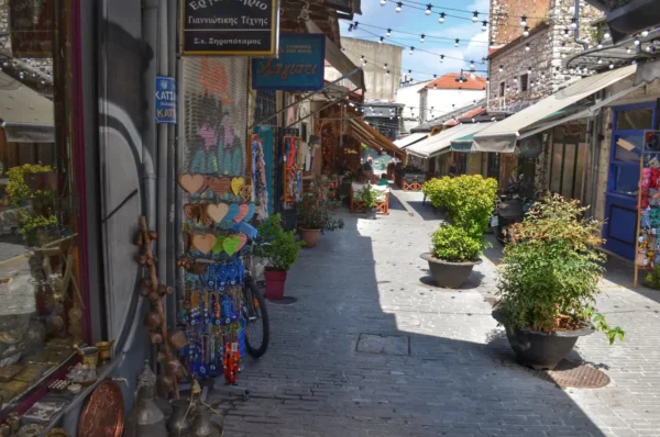 Charming pedestrian street in Ioannina, Greece, lined with colorful shops and vibrant potted plants under a bright sky.