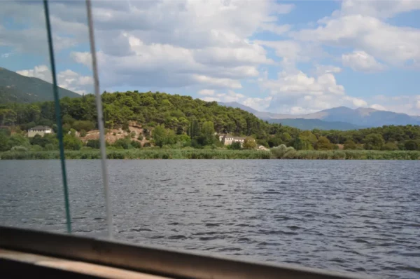 Tranquil view of Ioannina Island, Greece, featuring lush greenery along the lakeshore and distant mountains under a blue sky.